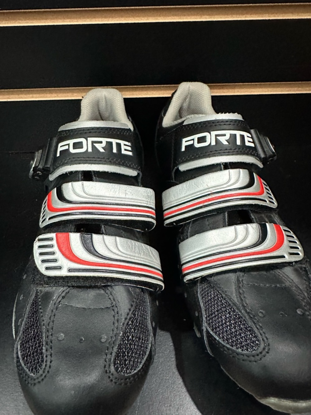 Forte Black Cycling Shoes with Silver and Red Strap Accents